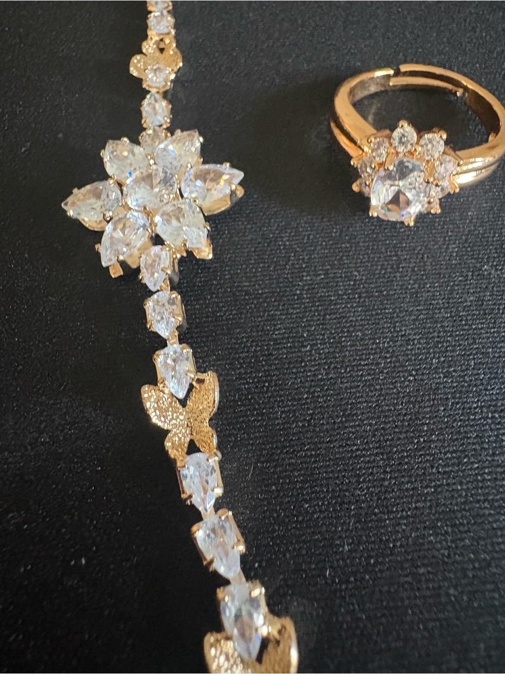 Gold Crystal Flower Bracelet and Ring Set - Sparkling Clear Stones